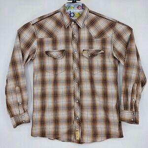 Larry Mahan Shirt Mens Large Western Pearl Snap Brown Plaid Long Sleeve Rodeo